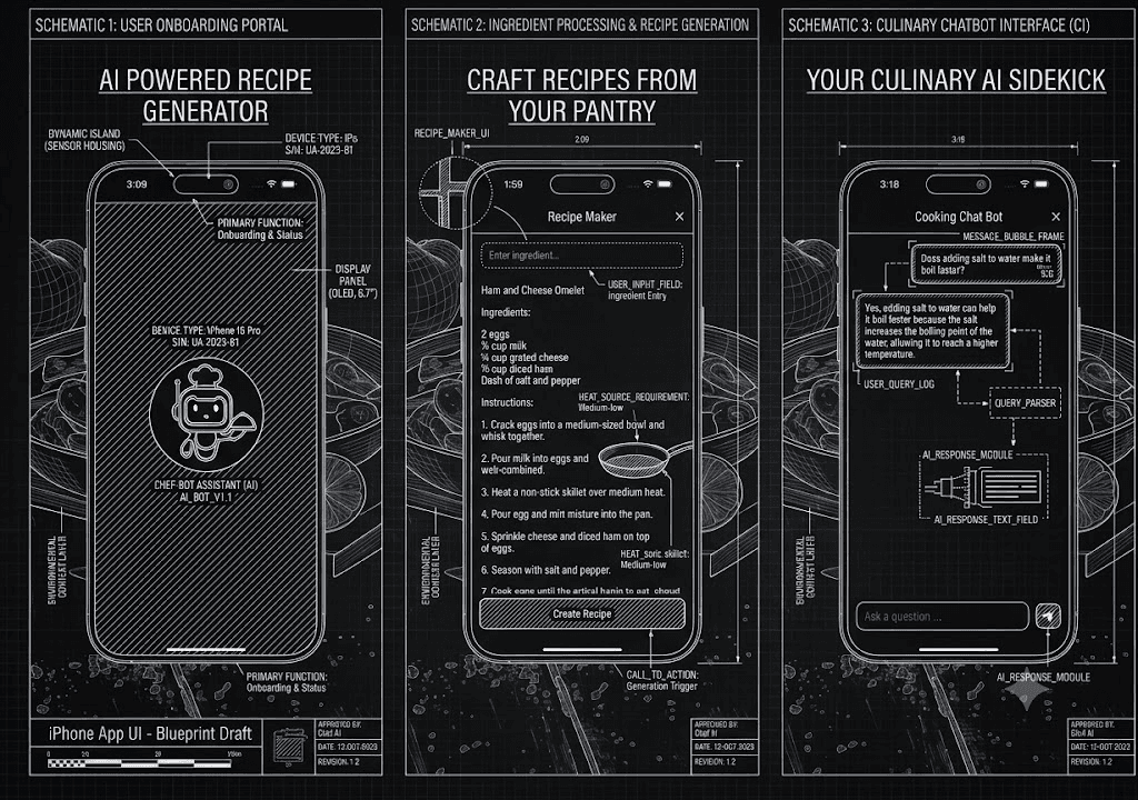 RecipeBot UI schematics — onboarding, recipe generator, and AI chat interface
